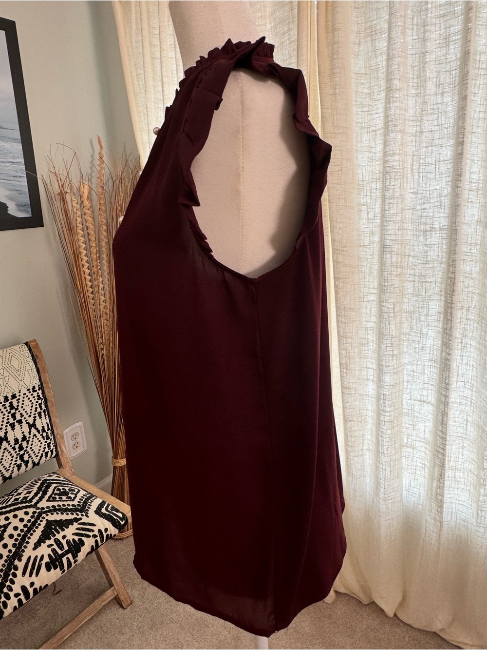 Ann Taylor Deep Burgundy Pearl-Button Ruffle Sleeve Blouse - Size Small - Picture 3 of 9